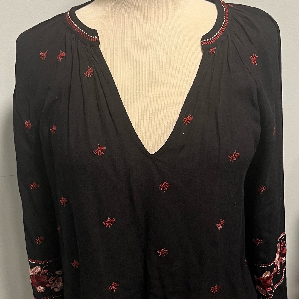 Embroidered Black Blouse with Red Accents